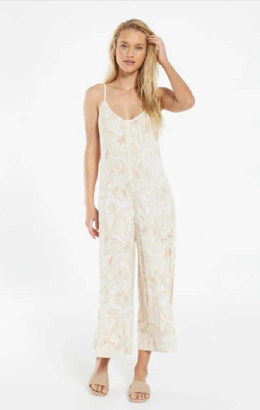 Women's Jumpsuits with Keyhole CollarZ Supply "Summerland" Floral Slim Flared Jumpsuit | Sun Tan