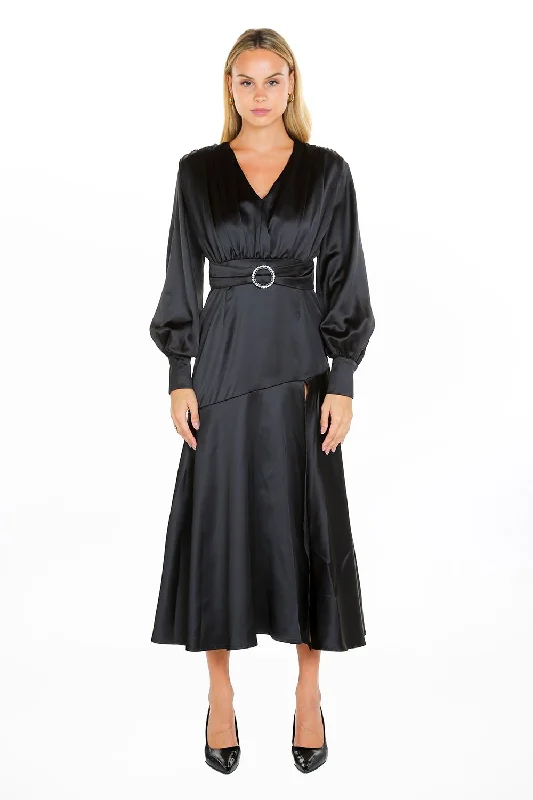 Women's V-Neck DressesLong Sleeve Satin V Neck Maxi Dress