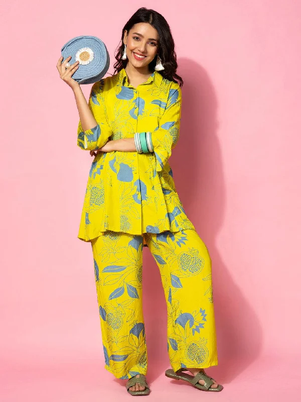 Women's Jumpsuits with V-Shaped CollarGreen Printed Cotton Co-Ords