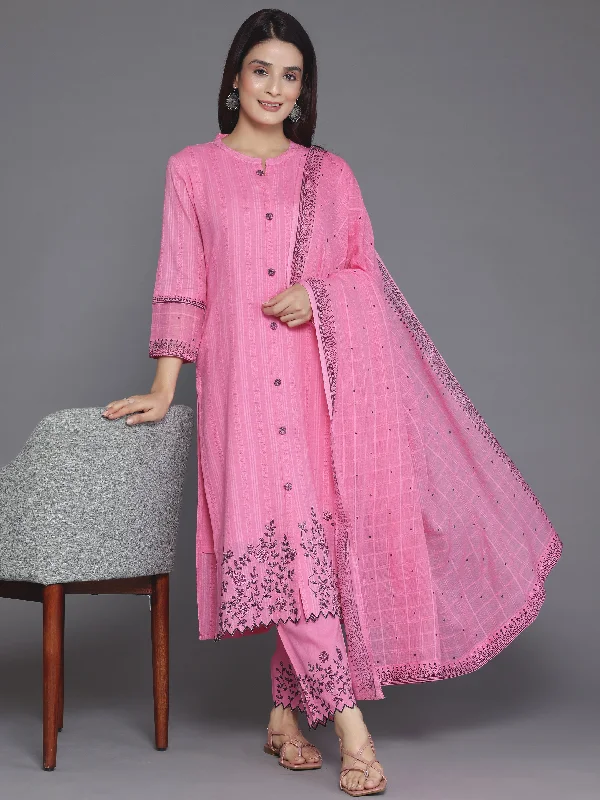 Women's Jumpsuits with V-Shaped CollarPink Woven Design Cotton Straight Suit With Dupatta