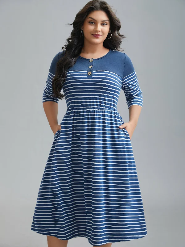 Women's Off-the-Shoulder DressesColorblock Striped Waist-Cinched Midi Dress