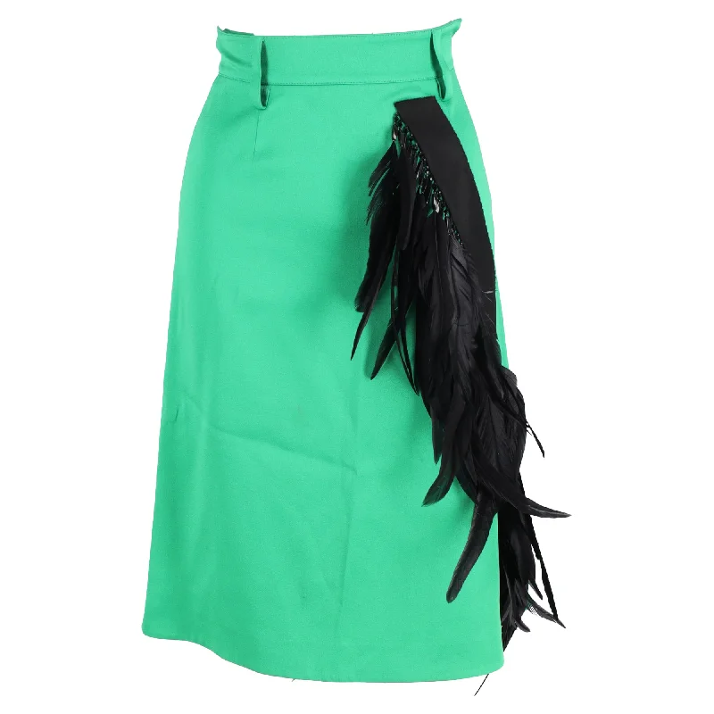 Women's Linen SkirtsPrada Feather-Trimmed Knee-Length A-Line Skirt in Green Wool