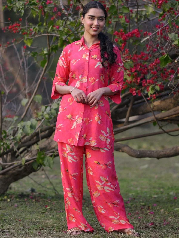 Women's Jumpsuits with Mandarin CollarPink Printed Cotton Co-Ords