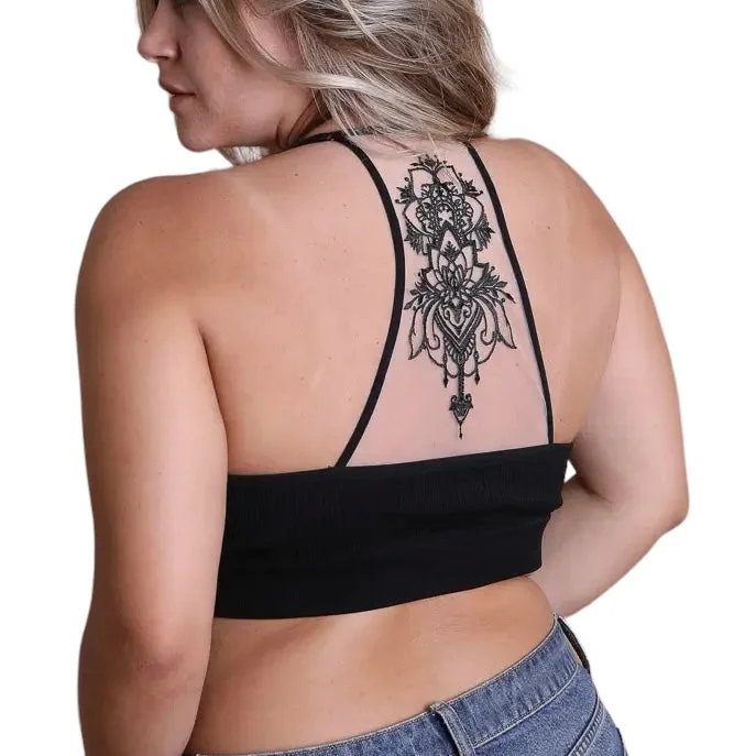 plus-size underwire bra with wide strapsTattoo Mesh Racerback Bralette