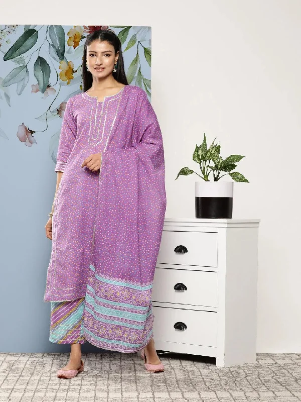 Women's Jumpsuits with PocketsPurple Printed Cotton Straight Kurta With Palazzos & Dupatta