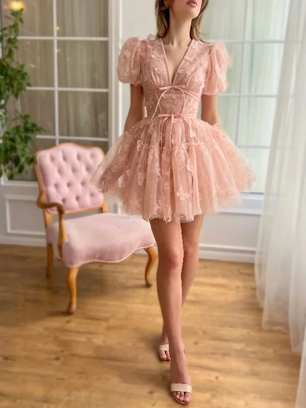 Women's Sweetheart-Neck DressesSweetheart 3D Butterflies Tulle Homecoming Dresses Mini Backless Short Prom Dress Gorgeous Short for Teens Cocktail Party Gowns