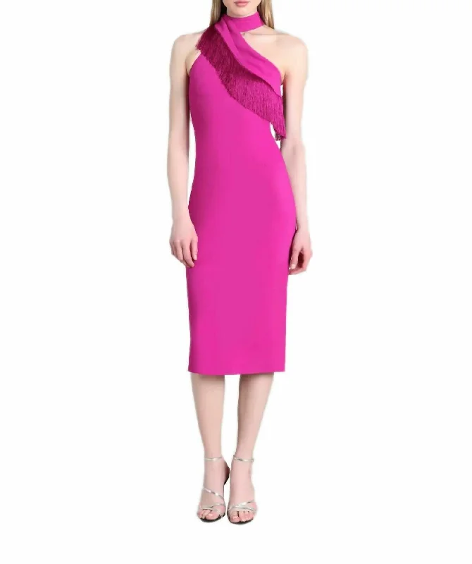 Women's Rounded Collar DressesFringe Mock Neck Pencil Bodycon Dress In Pink