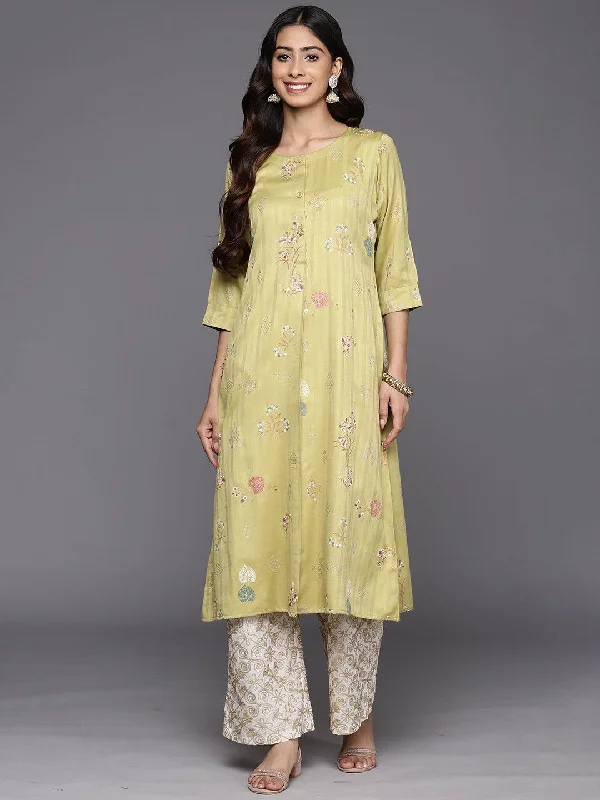 Women's Jumpsuits with Keyhole CollarOlive Printed Silk A-Line Kurta