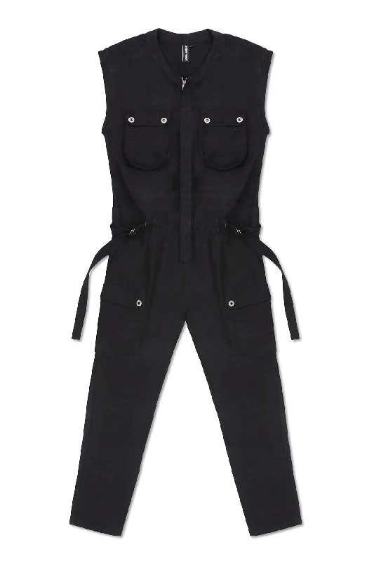 Women's Jumpsuits with Collarless NeckSLEEVELESS LINEN JUMPSUIT IN BLACK