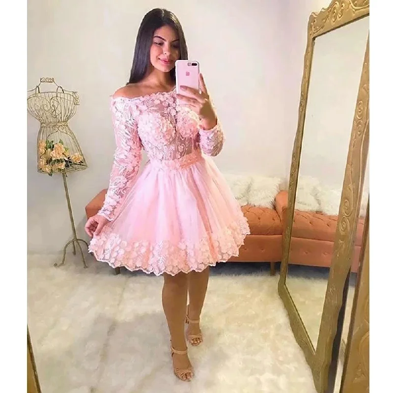 Women's Square Collar DressesLong Sleeves Pink Short Homecoming Dresses Strapless Appliques 3D Flowers Prom Mini Party Graudation Cocktail Gowns