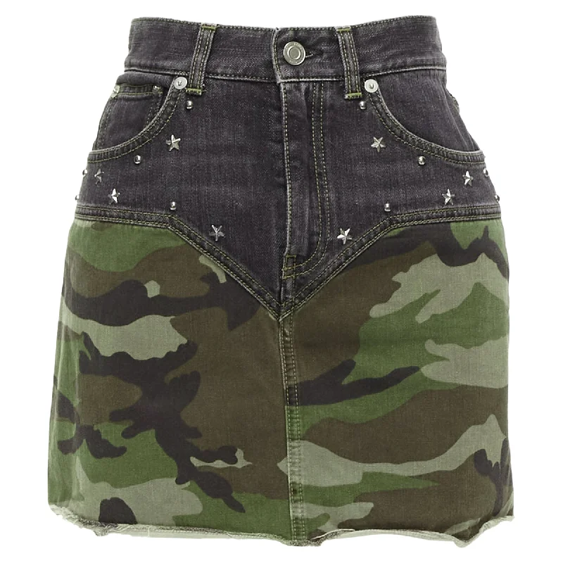 Women's Frayed Hem SkirtsSaint Laurent Camo Denim Star Studded Mini Skirt