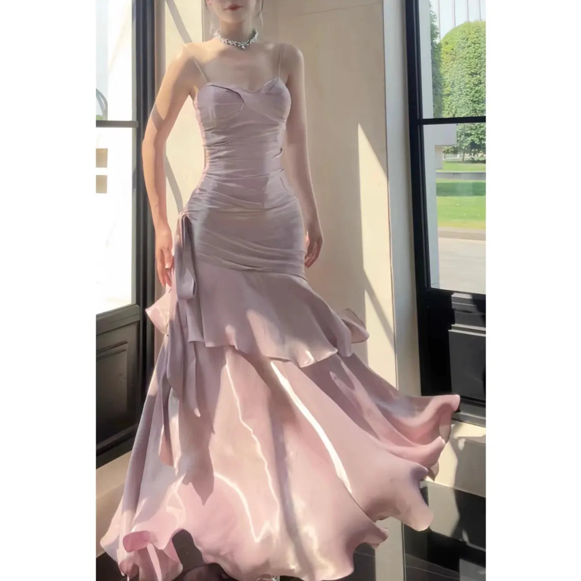 Women's Boat Collar DressesLuxury Pink Satin Ruffle Wedding Dress, Dusty Rose Mermaid Layered Hem Gown, High-End Birthday Party, Elegant Vintage Formal Evening Dress