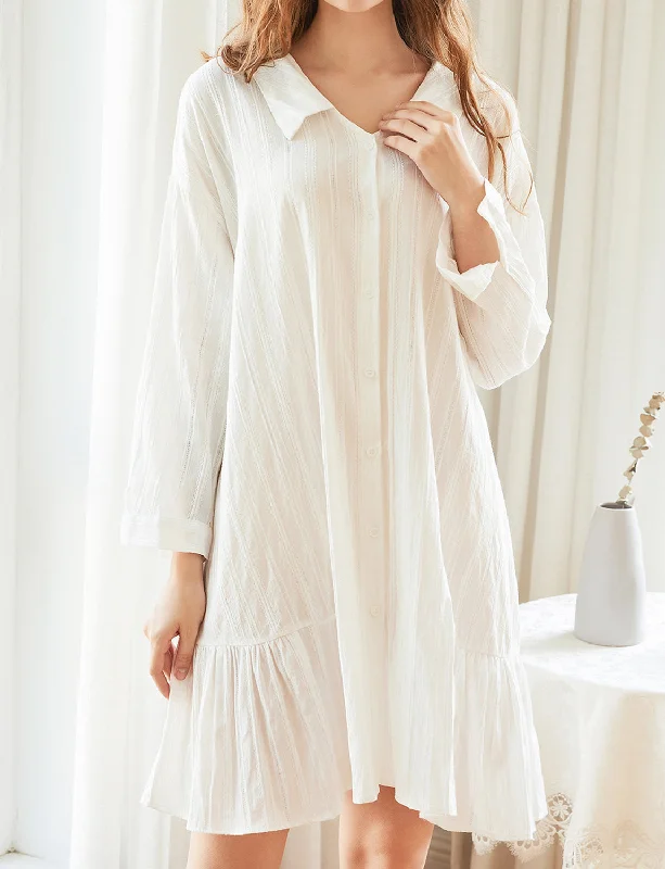 women's pajamas for bed and breakfast staysWhite Flip-Neck Loose  Long Nightdress