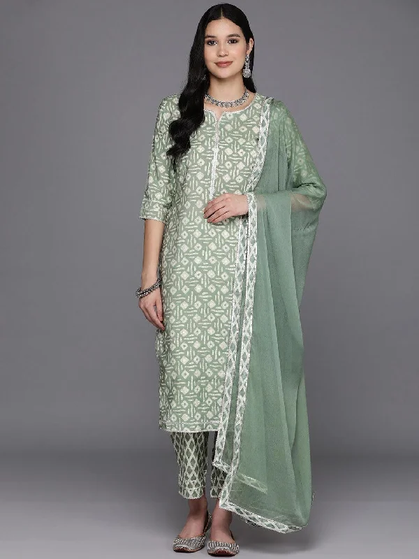 Women's Jumpsuits with Mandarin CollarGreen Printed Silk Blend Straight Kurta With Trousers & Dupatta