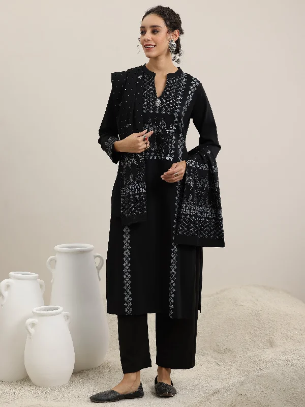 Women's Jumpsuits with Collarless DesignBlack Woven Design Wool Blend Straight Suit With Dupatta