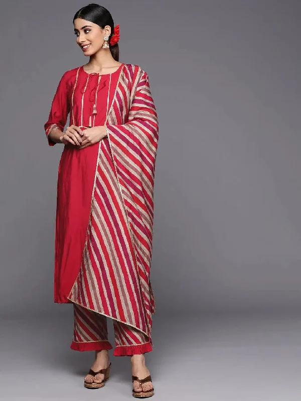 Women's Jumpsuits with Low CollarRed Yoke Design Silk Blend Straight Kurta With Trousers & Dupatta