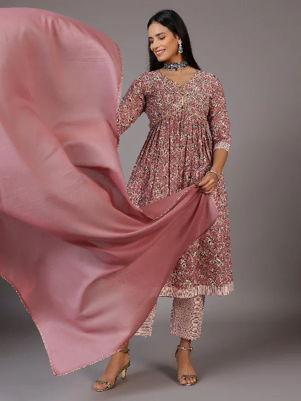 Women's Jumpsuits with Keyhole NeckPink Printed Cotton Anarkali Suit With Dupatta