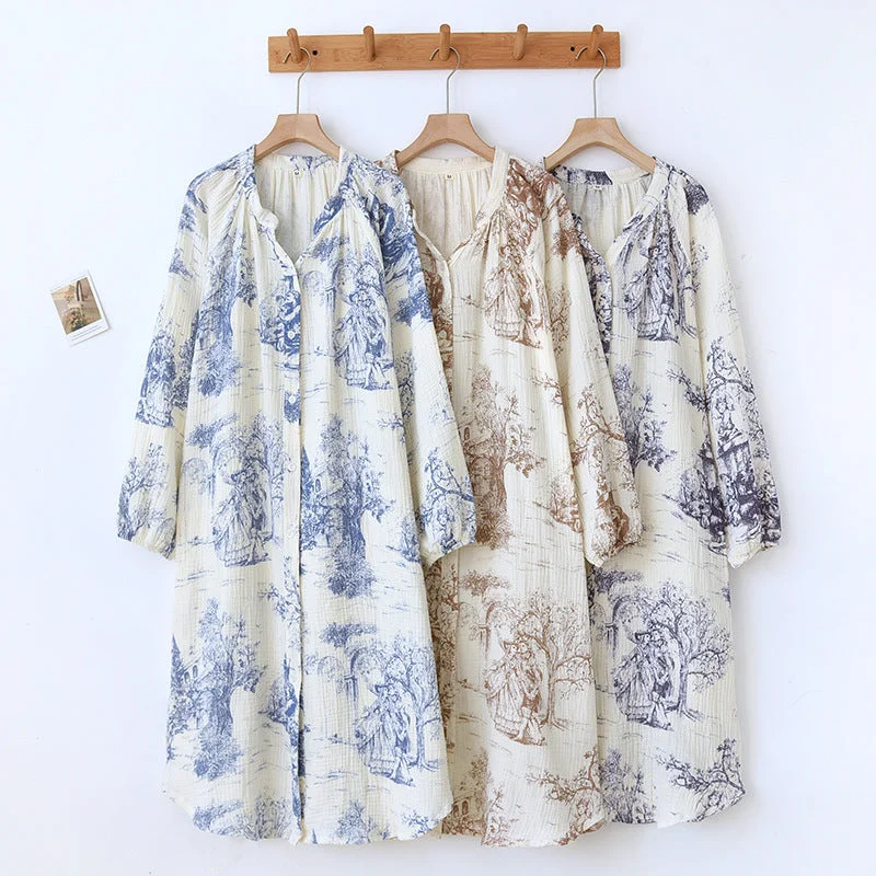 women's pajamas with pocketsCotton Toile Print Nightdress