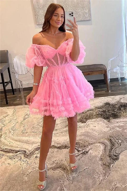 Women's High-Low DressesOff Shoulder A-line Sweetheart Mini Tulle Homecoming Dresses Short Puffy Sleeve Prom Dress Tiered Ruffles Cocktail Party Gowns