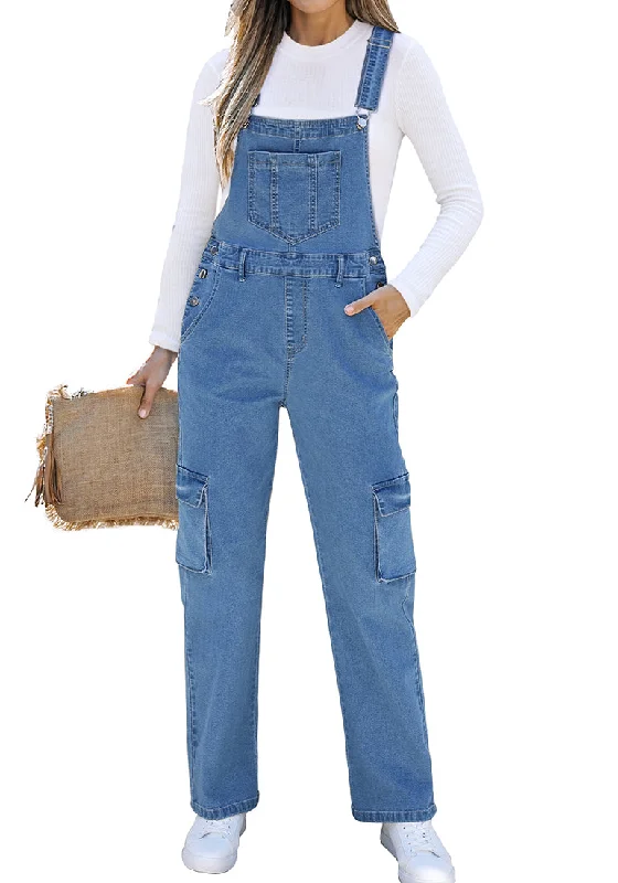 Women's Jumpsuits with ButtonsMedium Blue Women's Casual Adjustable Strap Wide Leg Jumpsuit with Pocket Jeans Trouser