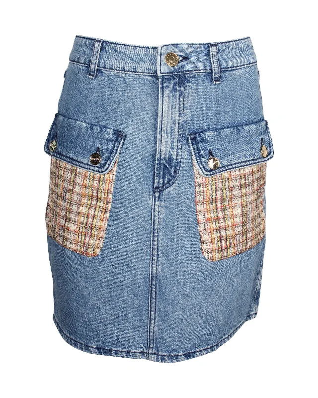 Women's Printed SkirtsSandro Paris Fiorina Tweed-Paneled Denim Skirt in Blue Cotton