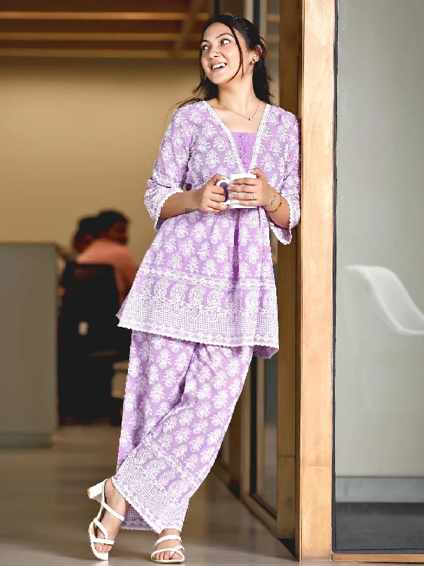 Women's Jumpsuits with U-Shaped CollarPurple Self Design Cotton Co-Ords