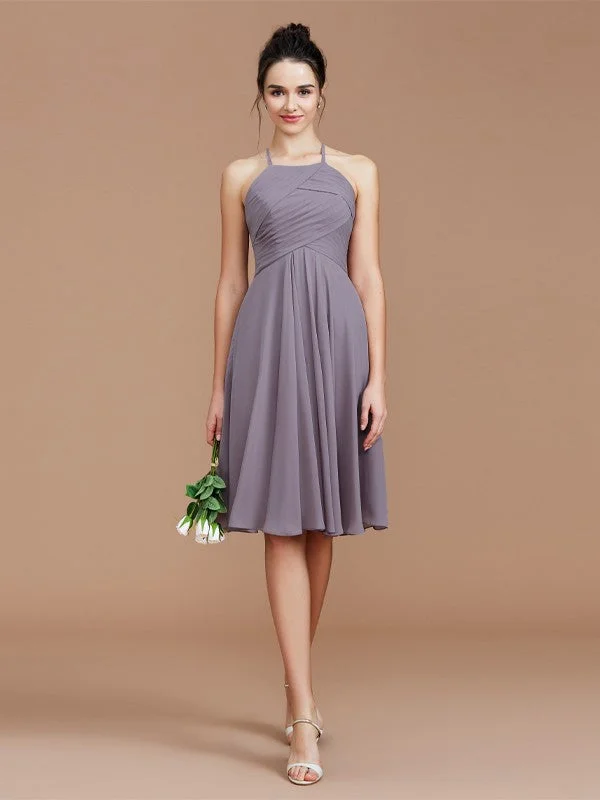 Women's Notched Collar DressesA-Line/Princess Halter Sleeveless Ruched Short/Mini Chiffon Bridesmaid Dresses