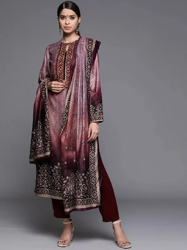 Women's Jumpsuits with Lapel CollarMauve Printed Velvet Straight Kurta With Dupatta