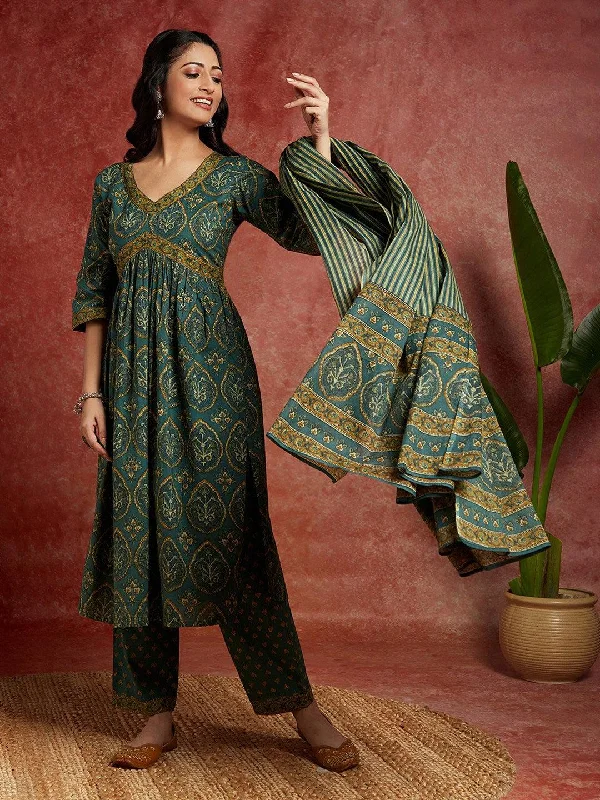 Women's Jumpsuits with Mandarin CollarGreen Printed Cotton A-Line Kurta With Trousers & Dupatta