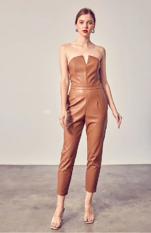 Women's Jumpsuits with High CollarFaux Leather Strapless Jumpsuit In Mocha