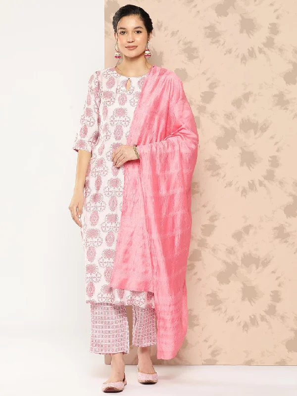 Women's One-Piece JumpsuitsPink Printed Silk Blend Straight Kurta With Trousers and Dupatta