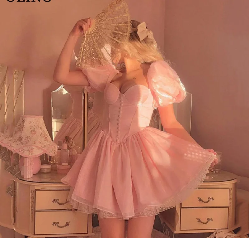 Women's Shirt Collar DressesPrincess Short Pink Party Prom Dresses Pretty Puff Sleeves Sweetheart Lace Organza Mini Fairy Homecoming Dress Summer