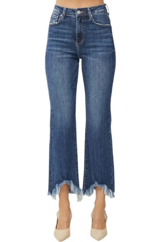 Women's Jodhpurs with U-Shaped NeckHigh Rise Frey Hem Ankle Bootcut Jeans In Denim