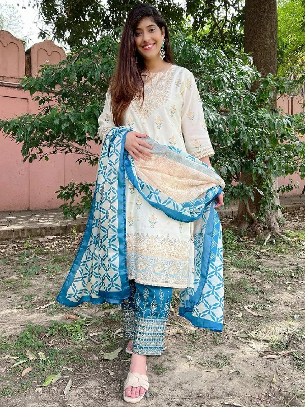 Women's Jumpsuits with Low CollarCream Printed Chanderi Silk Straight Kurta With Trousers and Dupatta