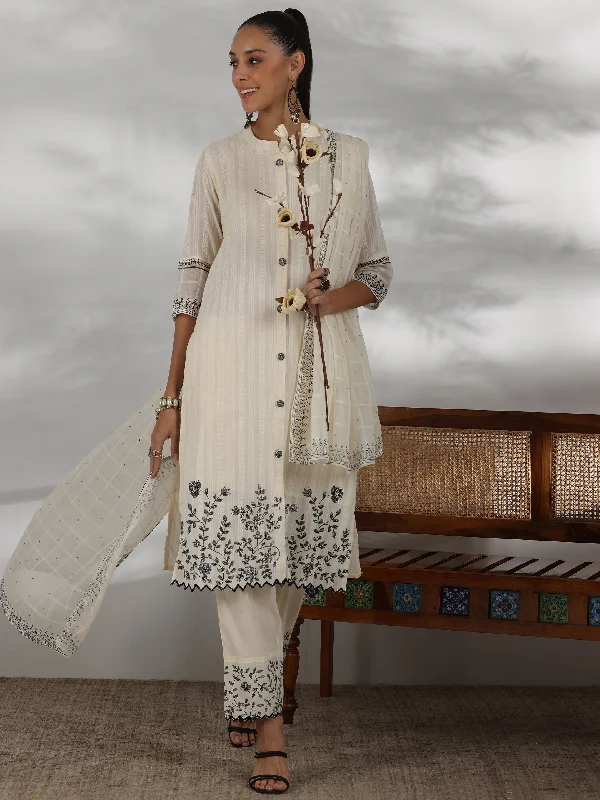 Women's Jumpsuits with U-Shaped CollarOff white Woven Design Cotton Straight Suit With Dupatta