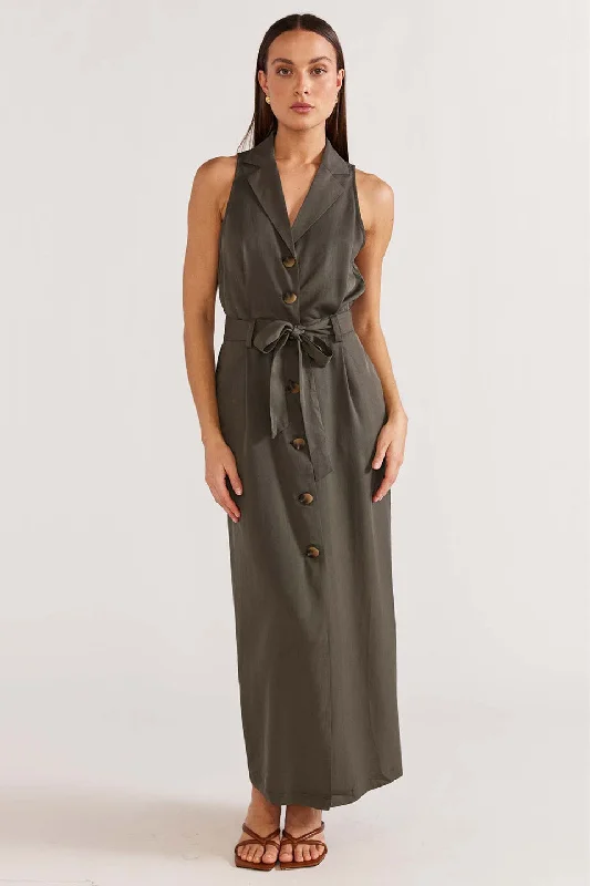 Women's Collarless DressesKendi Khaki Cargo Midi Dress