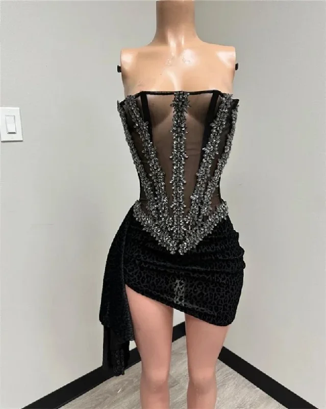 Women's Rounded Collar DressesSexy Strapless Short Prom Dresses For Black Girls Beaded Birthday Party Dress Crystal Mini Cocktail Homecoming Robe De Bal