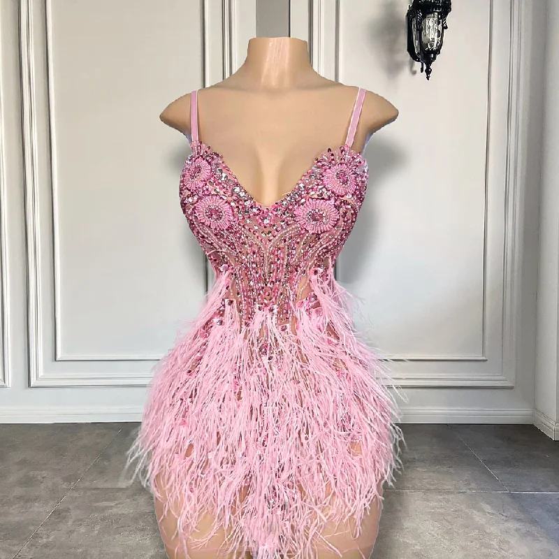 Women's Sweetheart Collar DressesCute Pink Diamond Crystals African Black Girls Short Prom Dresses Feather Mini Style Women Formal Birthday Party Gowns