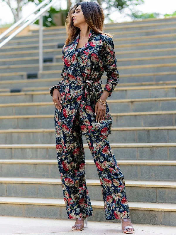 Women's Jumpsuits with BeltNavy Blue Printed Silk Blend Co-Ords