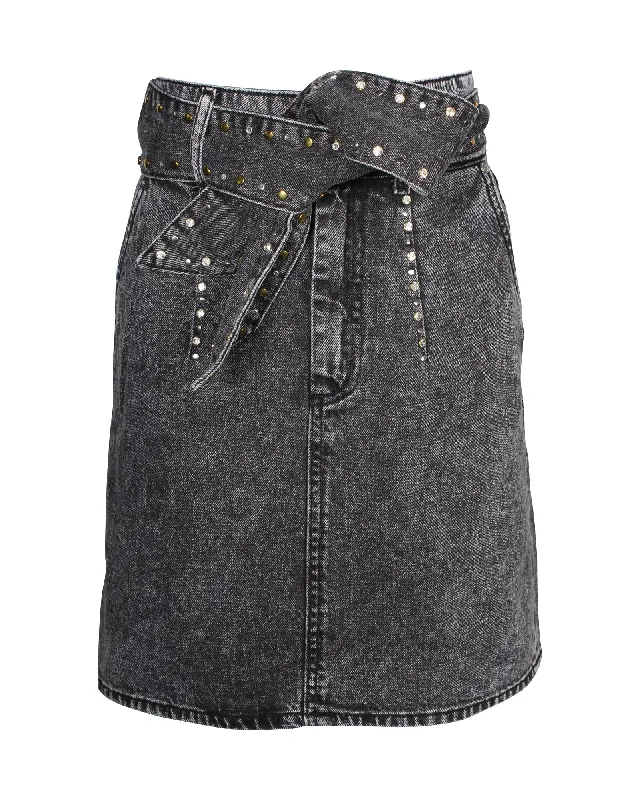 Women's Fall SkirtsSandro Paris Fredie Belted Embellished Acid-wash Denim Mini Skirt in Grey Cotton