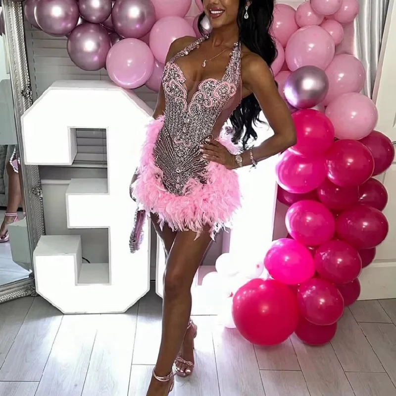 Women's Wide-Neck DressesPink Halter Short Prom Dress For Black Girls 2024 Beaded Crystal Birthday Party Gowns Feathers Mini Cocktail Robe Aso Ebi