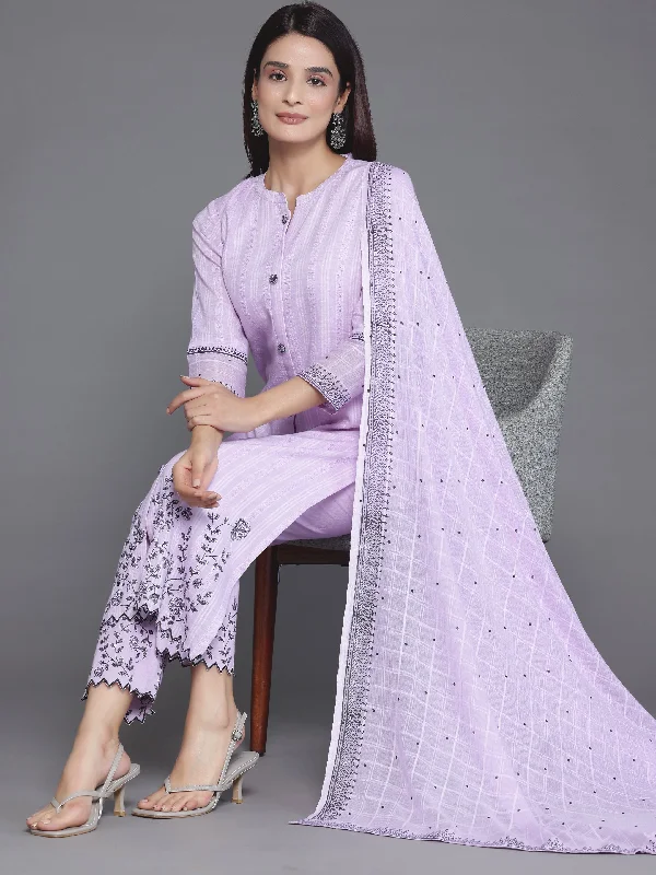 Women's Jumpsuits with Shawl CollarLavender Woven Design Cotton Straight Suit With Dupatta