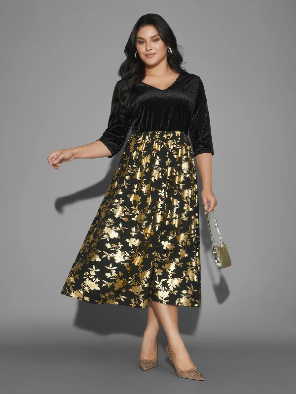 Women's Long-Sleeve DressesGlitter Floral Patchwork Velvet Midi Dress