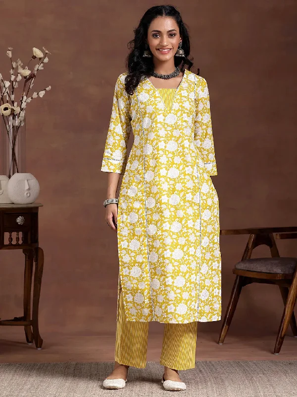 Women's Jumpsuits with High WaistYellow Printed Cotton Straight Kurta Set