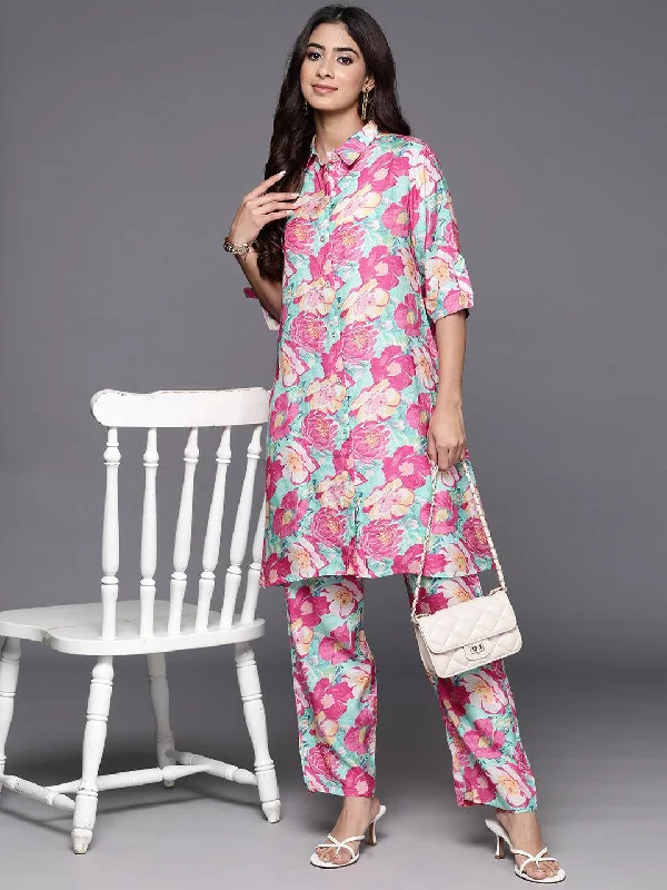 Women's Jumpsuits with Shawl CollarPink Printed Cotton Co-Ords