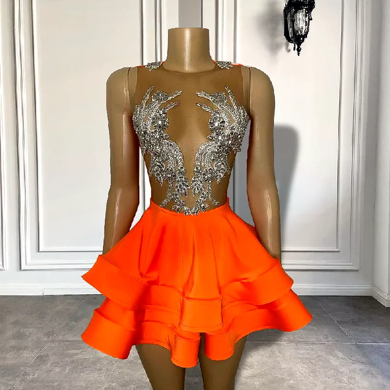 Women's Lapel Collar DressesSexy See Through Women Birthday Party Gowns Sparkly Silver Crystals Orange Black Girls Orange Short Mini Prom Dresses 2024