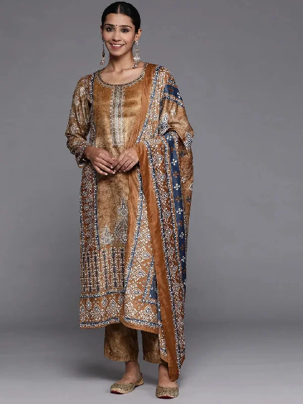 Women's Jumpsuits with Sweetheart CollarMustard Printed Velvet Straight Kurta With Dupatta