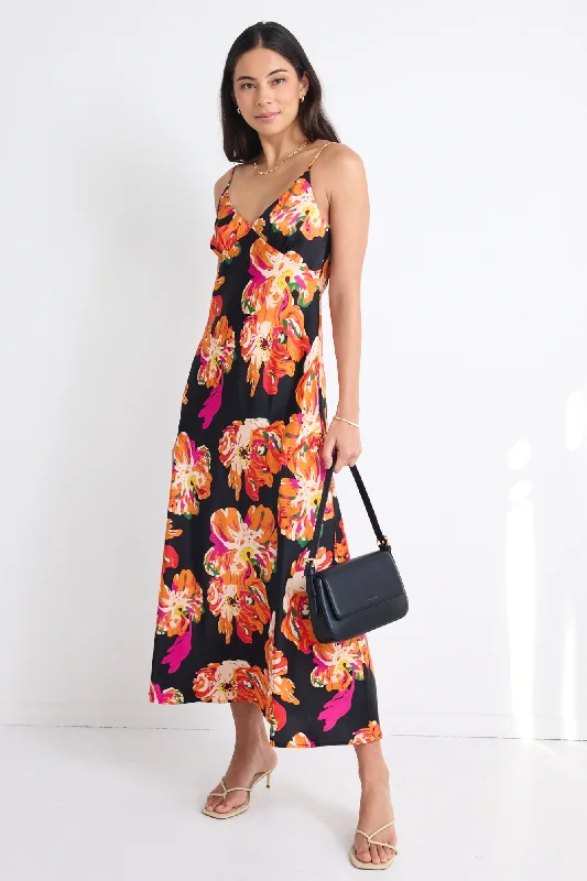 Women's Wrap DressesOtherworldly Black Orange Floral Satin Bias Slip Midi Dress