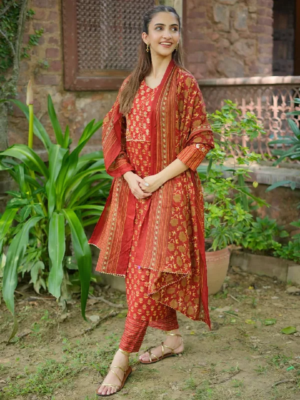 Women's Jumpsuits with Rounded CollarRust Printed Cotton Straight Suit With Dupatta