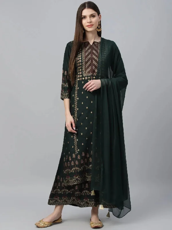 Women's Jumpsuits with V-Shaped CollarGreen Printed Polyester Straight Kurta With Palazzos & Dupatta